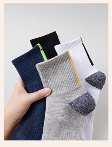 Details von vier Paar dicken Sport-Crew-Socken mit verstärkten Fersen und atmungsaktiver Struktur