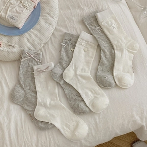 Women Sweet Cotton Mid-Calf Socks Bow Knot Ribbon Hollow Out Mesh Balletcore Style Breathable Leisure Socks