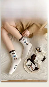 Detail of cute dachshund cartoon socks with contrast brown toe and heel embroidery