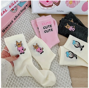 Detailed view of mid-calf socks featuring cute cartoon cats and heart prints