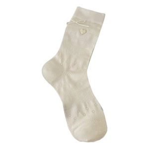 Sweet cream mid-calf socks with bow, heart buckle and breathable hollow mesh knit
