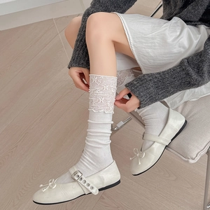 Women Slouch Socks Lace Trim Balletcore Cotton Blend Ribbed Sweet Lolita Mid Calf Over The Knee Hosiery