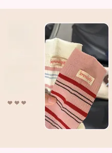 Detail von gestrickten Streifensocken mit Serendipity-Stoffetikett in Pink und Blau