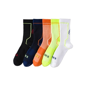 Five pairs of men's cycling socks in various colors with SOCCR lettering and knit texture