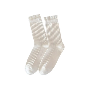 Classic white ribbed crew socks featuring elegant ruffled cuffs and a vintage college style