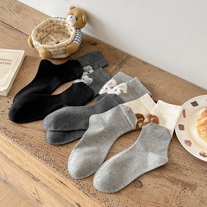 Women Mid Tube Socks Cotton Blend Knitted Flocked Cartoon Animal Patchwork Breathable Color Block Cute Casual Hosiery
