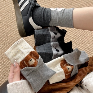 Cartoon animal flocked crew socks with panda patterns and autumn winter knit texture