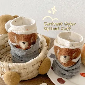 Autumn crew socks featuring grey contrast patchwork and cute 3D flocking bear pattern
