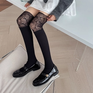 Chaussettes Lolita Femmes Dentelle Au-dessus Du Genou Coton Patchwork Nervuré JK Style Japonais Longue Bas