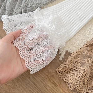 Lace trim over-the-knee socks in grey, white, and brown with vertical knit texture