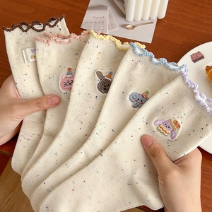 Women Mid Calf Socks Cotton Blend Speckled Nep Yarn Cartoon Animal Embroidery Fungus Wavy Edge Japanese Style Cute