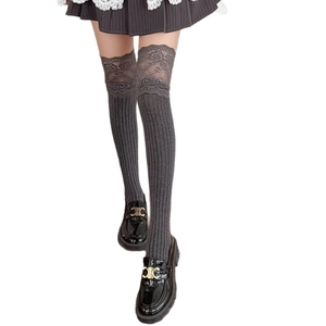 Grey over-the-knee socks with ribbed texture and elegant floral lace trim for women