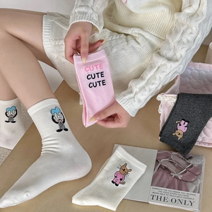 Cute cartoon cat and bunny embroidered mid-calf socks in various soft pastel colors