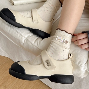 Chic beige and black Mary Jane flats with thick soles and metal letter buckles for women