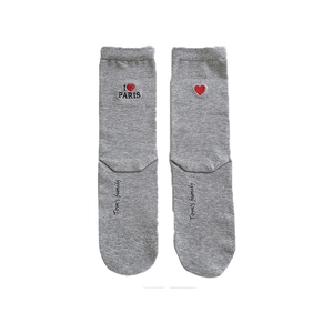 Grey cotton crew socks with red heart embroidery and Paris typography on a white background