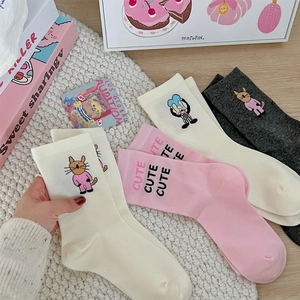 Cute cartoon kitten mid-calf socks with animal embroidery in pink, grey and white