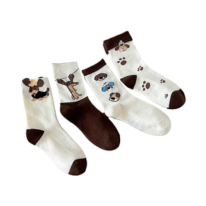 Cute cartoon dachshund puppy patterns on white and brown mid-calf cotton socks 4-pack set