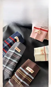 Detailansicht bunter gestreifter Socken mit Serendipity-Webetiketten in fünf Farben
