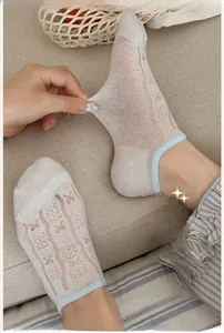 Detailed macro view showing the breathable mesh texture and bear jacquard of beige socks