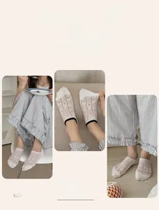 Detail of mesh hollow lace invisible socks with ribbed elastic cuffs in pink, gray, and white