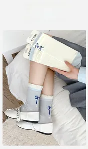 Detailansicht der blau-weißen Socken mit Spitzenvolants und feiner Bogengravur