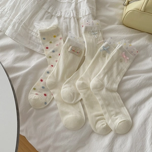 Mid-Calf Socken Baumwollmischung Spitze Polka Dot Schleife Süßer Japanischer Stil Atmungsaktiv Casual Für Damen