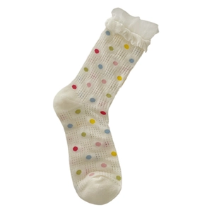 Weiße Sommerysocken für Mädchen mit bunten Punkten, atmungsaktivem Mesh und Spitzenborte