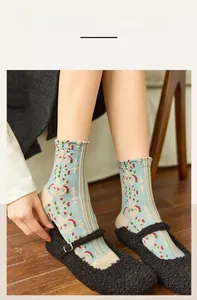 Detail of high-elasticity ribbed cuff on vintage floral pattern socks for women