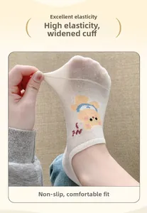 Detail of high-elastic widened cuff on white low-cut socks with cartoon bear pattern