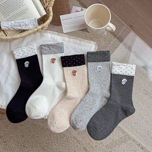 Crew Socks Combed Cotton Dog Bear Embroidery Polka Dot Cuff Contrast Color Sweet Cute Breathable Casual Women Girls