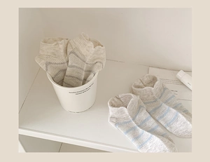Close-up of breathable mesh knit ankle socks with blue and grey striped patterns