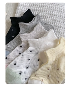 Detailed view of breathable mesh texture and colorful polka dots on summer ankle socks