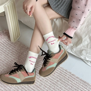 Pink letter socks with cute cartoon duck design for women in casual college style