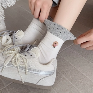 Sweet cream mid-calf socks with polka dot ruffles and cute embroidered puppy design