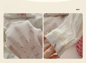 Detail of white mesh knit socks featuring hollow butterfly patterns and ruffled cuffs