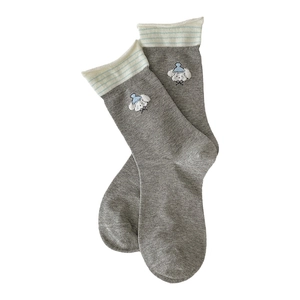Grey mid-calf cotton socks with cute cartoon puppy embroidery and blue striped cuffs