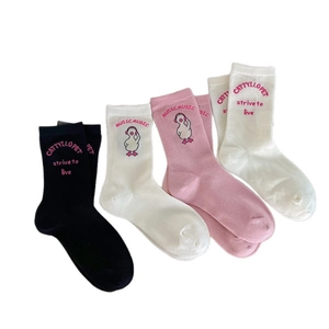 Three-pack of cute cotton crew socks with cartoon duck embroidery in pink, black, and white
