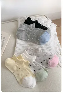 Detail showing breathable mesh cotton socks with polka dots and agaric lace trim design