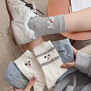 Chaussettes Mi-hautes Femme Broderie Chien Dessin Animé Mélange Coton Tricot Torsadé Bordure Volantée Style Japonais Casual