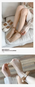 Lace mesh boat socks with khaki bow ankle strap showing elastic material and detail