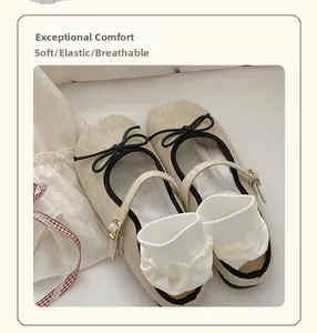Close-up of white knitted mesh socks with beige Mary Jane flats and soft bow detail