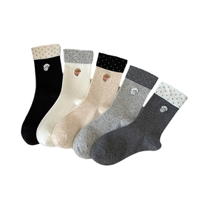 Five pairs of cotton mid-calf socks with cute cartoon puppy embroidery and polka dots