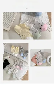 Detail of breathable mesh summer ankle socks with stylish polka dot patterns in multi-color