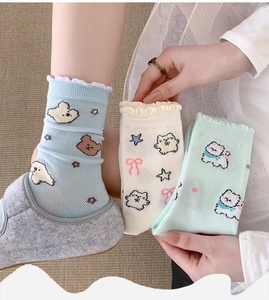 Detailed view of women's blue and white ruffle lace socks with cute cartoon bear patterns