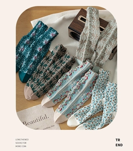 Flat lay of vintage style crew socks with 3D embossed floral patterns and knit texture