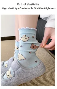 Detail showing the high elasticity of blue socks with cartoon bears and ruffled edges