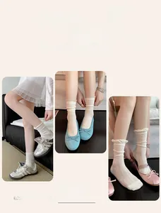 Close-up of white lace knit socks featuring intricate hollow patterns and bubble cuffs