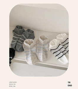 Close-up of striped cotton socks on stairs showing knit texture and ribbed cuffs