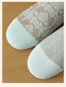 Close-up of vintage embossed floral pattern and toe seam on cotton crew socks