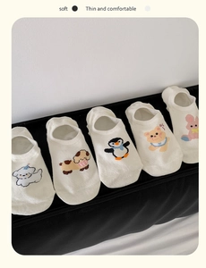 Detail view of five pairs of thin white cotton invisible socks with cute animal patterns